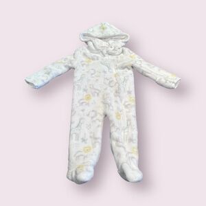 Baby Little Beginnings Cozy White and Yellow Animal Print Fleece Footies W/Hood